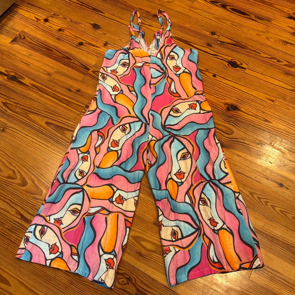 Women"s 100% Linen Wide Leg Jumpsuit Abstract Face Print Art to Wear Statement